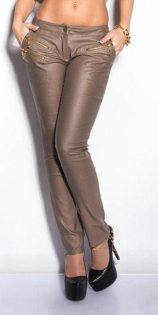 Letherlook-Pants with zips Cappuccino